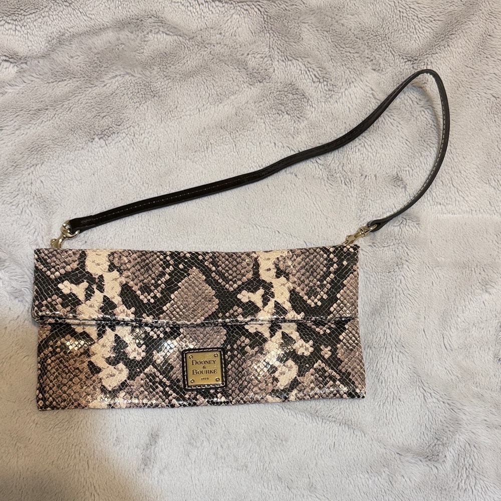 Dooney & Bourke Snake Print Clutch in Black and Cream